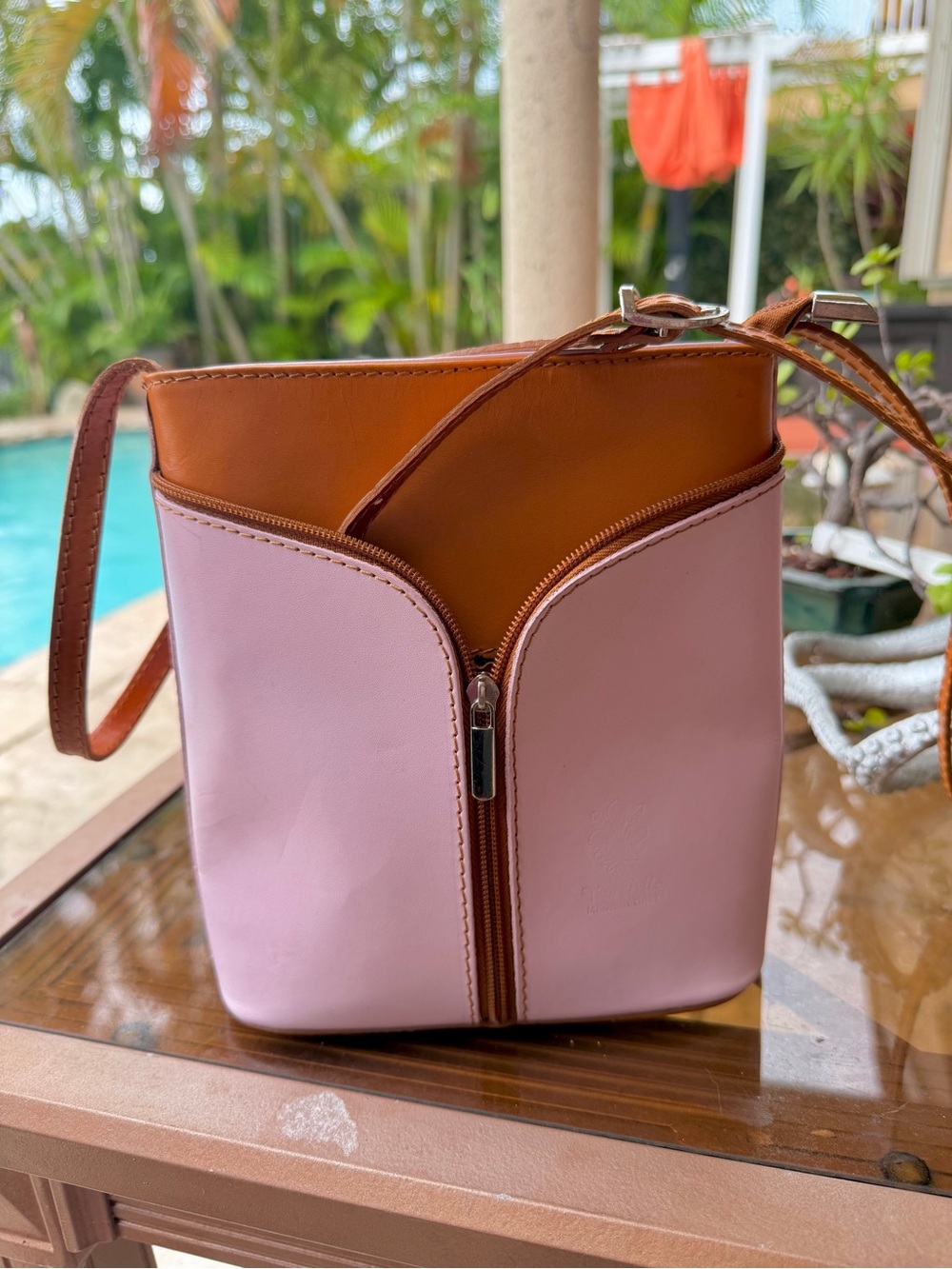Vera Pelle Pink/Muave Italian Leather Crossbody Bucket Bag